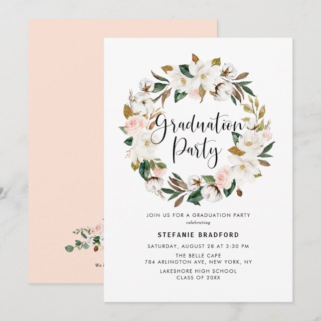 Watercolor Magnolia Cotton Wreath Graduation Party Invitation (Front/Back)