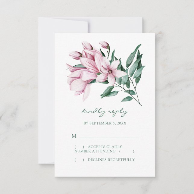 Watercolor Magnolia Eucalyptus Elegant Wedding RSVP Card (Front)