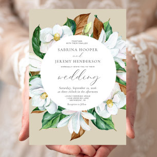 Watercolor Magnolia Floral Circle Beige Wedding Invitation