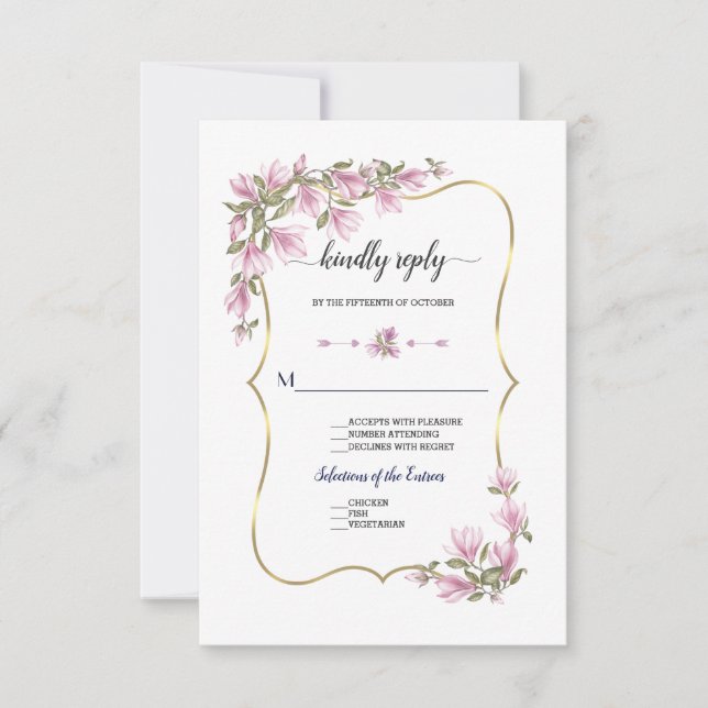 Watercolor Magnolia Flowers Bloom Gold Wedding RSVP Card (Front)