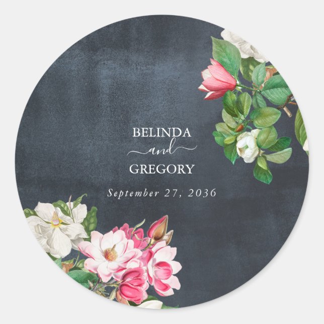 Watercolor Magnolia Flowers Wedding Black White Classic Round Sticker (Front)