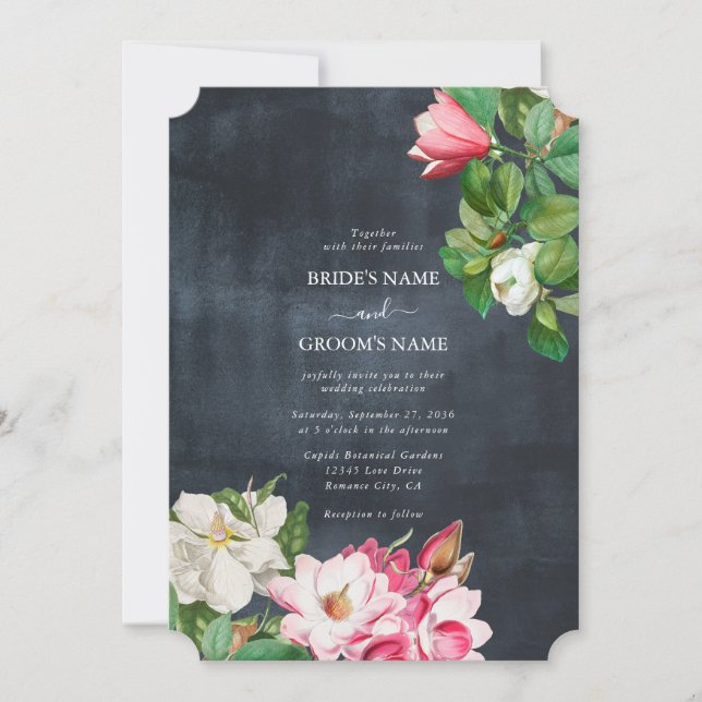 Watercolor Magnolia Flowers Wedding Black White Invitation (Front)