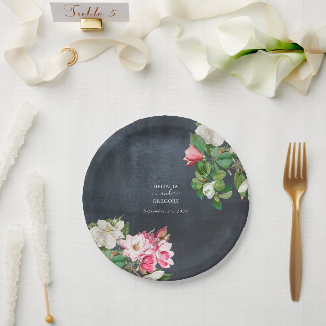 Watercolor Magnolia Flowers Wedding Black White Paper Plate (Wedding)