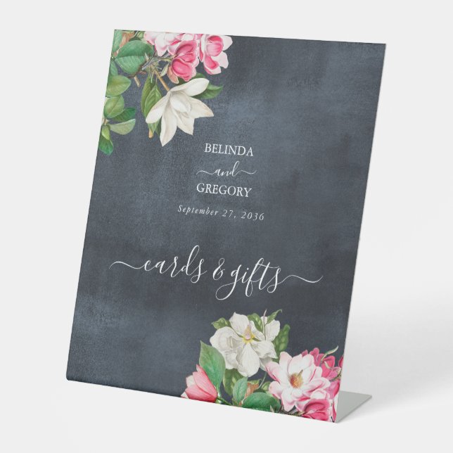 Watercolor Magnolia Flowers Wedding Cards Gifts Pedestal Sign (Front)