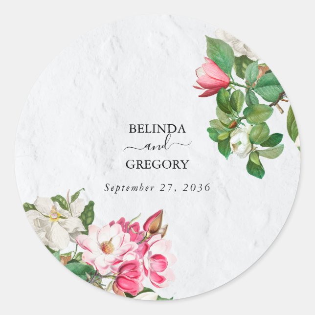 Watercolor Magnolia Flowers Wedding Classic Round Sticker (Front)