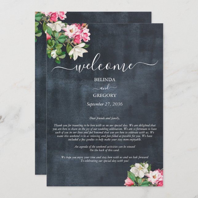 Watercolor Magnolia Flowers Wedding Itinerary Programme (Front/Back)