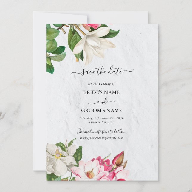Watercolor Magnolia Flowers Wedding Save The Date (Front)