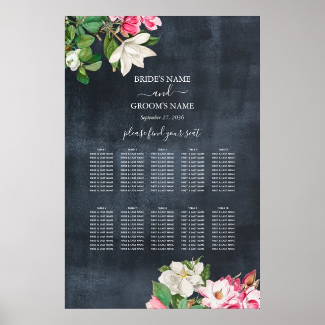 Watercolor Magnolia Flowers Wedding Seating Chart (Front)