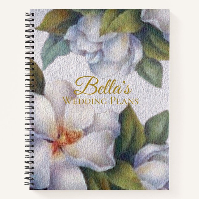 Watercolor Magnolia Gold Script Wedding Plans Notebook (Front)