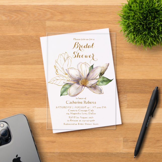 Watercolor Magnolia Purple Floral Bridal Shower Acrylic Invitations (Insitu (Invitation Card))