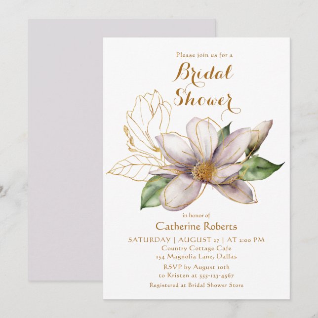 Watercolor Magnolia Purple Floral Bridal Shower Invitation (Front/Back)