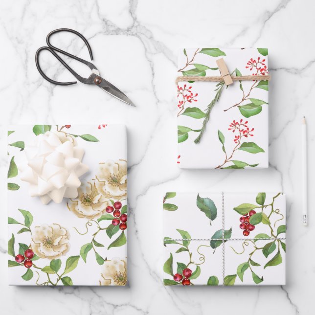 Watercolor Magnolia, Red Berries and Foliage  Wrapping Paper Sheet (Front)