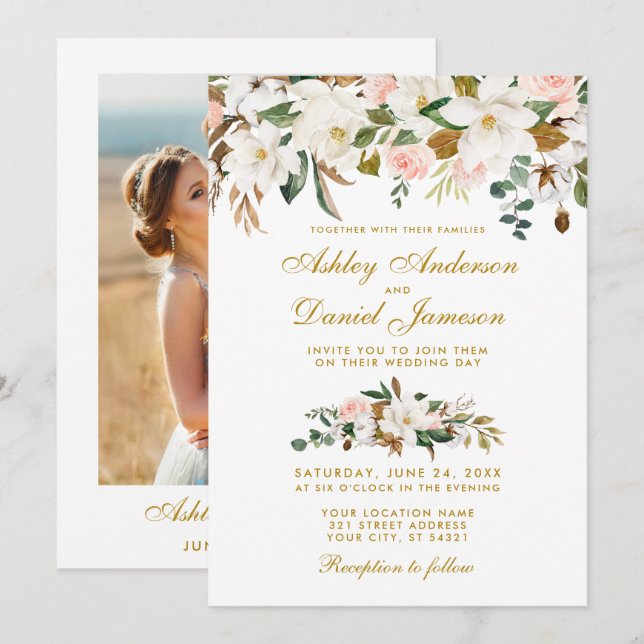 Watercolor Magnolia Rose Floral Photo Wedding Gold Invitation (Front/Back)