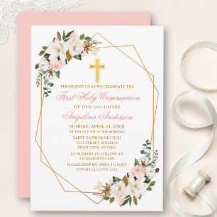 Watercolor Magnolia Roses Geo Frame Communion Invitation