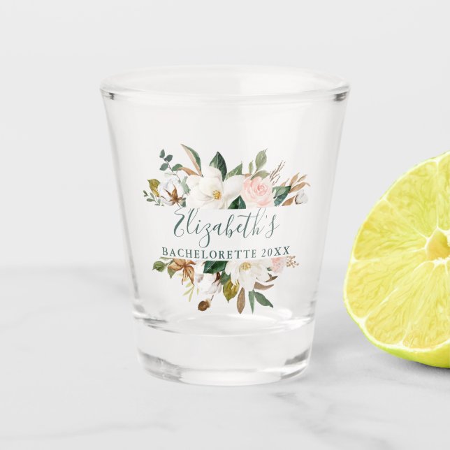 Watercolor Magnolia Roses Green Bachelorette Party Shot Glass (Front)