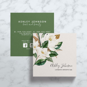Watercolor Magnolia Script Typography Blush Black Square Business Card