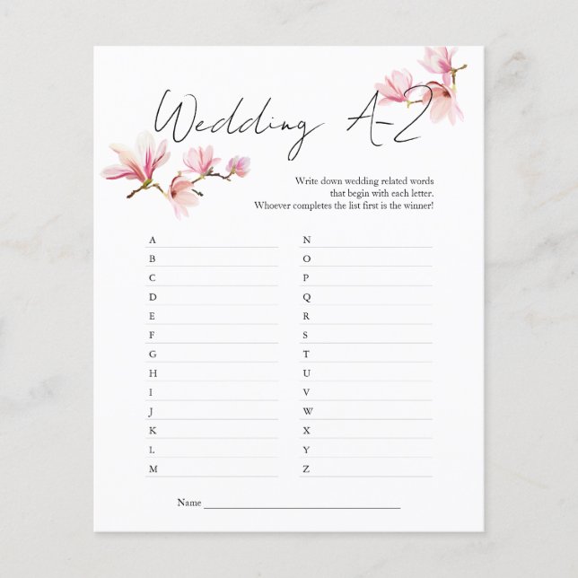Watercolor Magnolia Wedding A-Z Bridal Shower Game Flyer (Front)