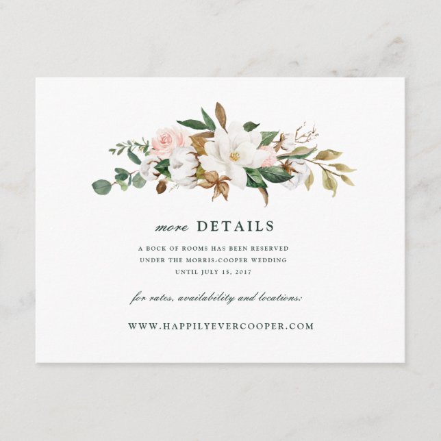 Watercolor Magnolia Wedding Details Card (Front)