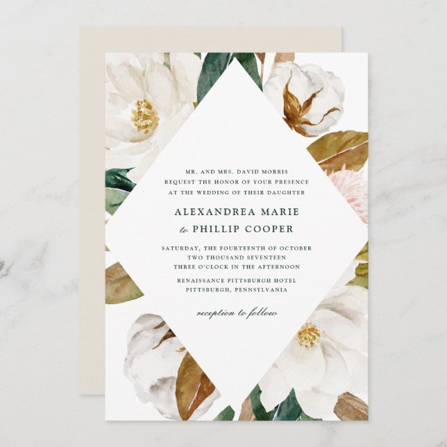 Watercolor Magnolia Wedding Invitation (Front/Back)