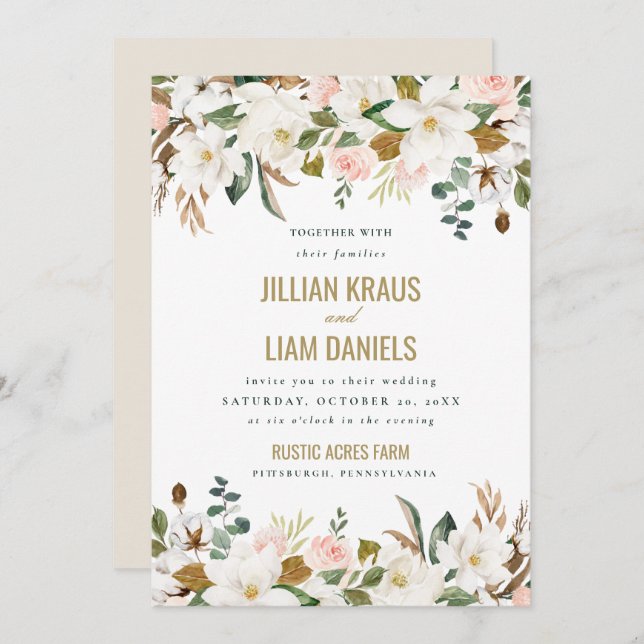 Watercolor Magnolia Wedding Invitation Monogram (Front/Back)