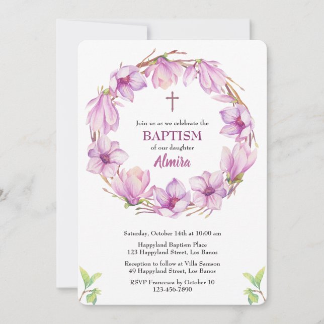 Watercolor Magnolia Wreath Baptism Invitation (Front)