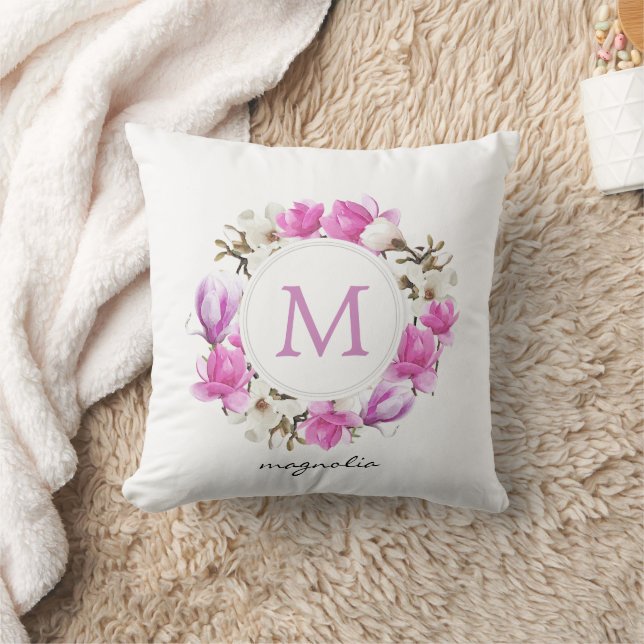 Watercolor Magnolia Wreath Monogram Cushion (Blanket)