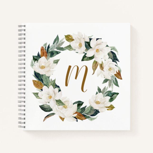 Watercolor Magnolia Wreath Monogram Notebook (Front)