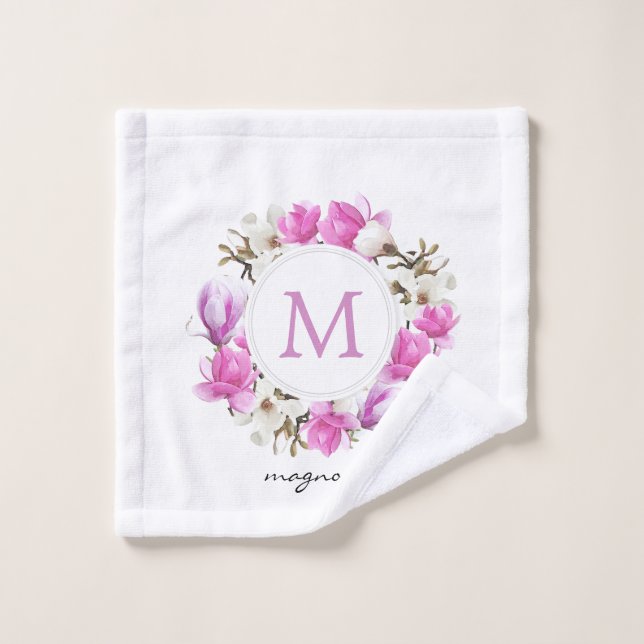 Watercolor Magnolia Wreath Monogram Wash Cloth (Wash Cloth)