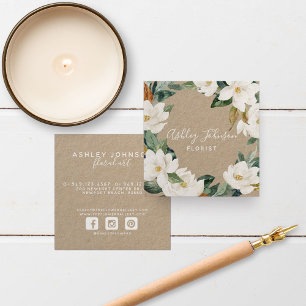 Watercolor Magnolia Wreath White Type Square Kraft Square Business Card