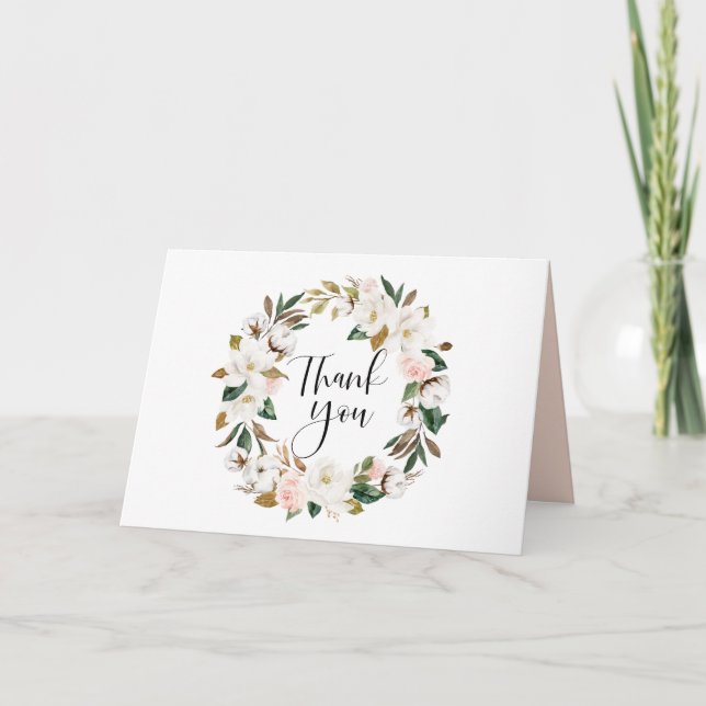 Watercolor Magnolias and Cotton Wreath Wedding Thank You Card (Front)