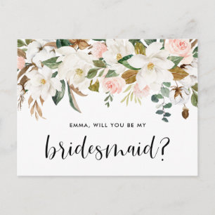Watercolor Magnolias and Cottons Be My Bridesmaid Postcard