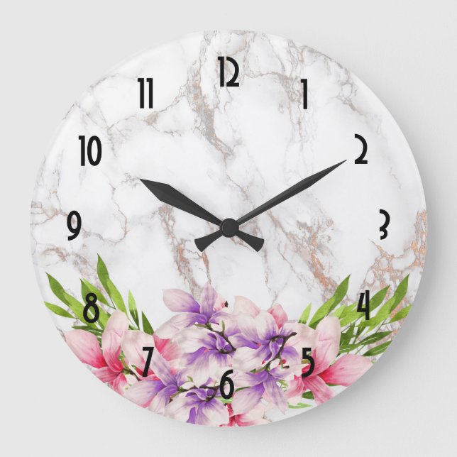 Watercolor Magnolias, Faux Marble Texture Large Clock (Front)
