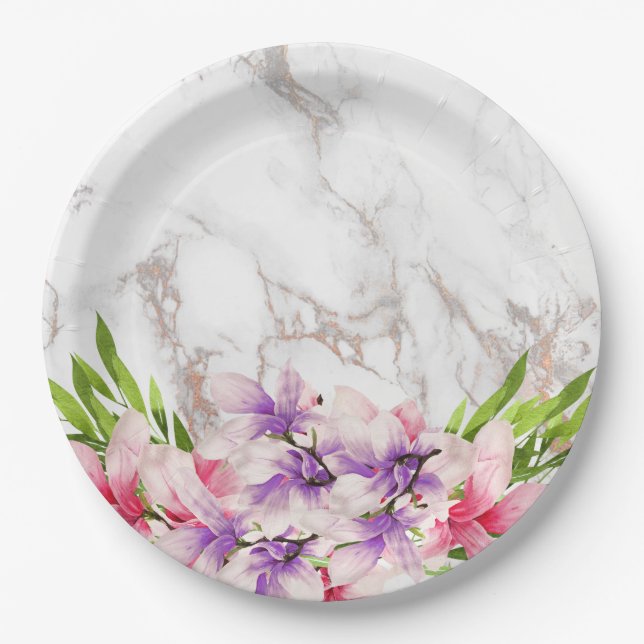 Watercolor Magnolias, Faux Marble Texture Paper Plate (Front)