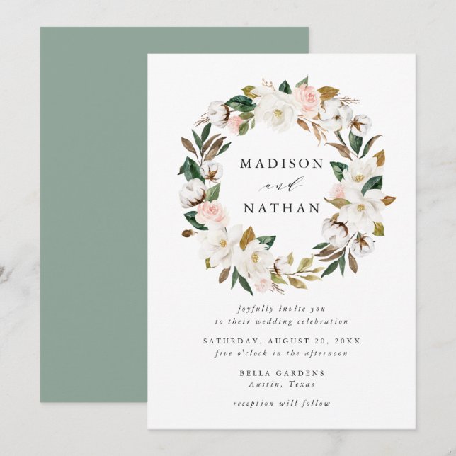 Watercolor Magnolias | Floral Wreath Wedding Invitation (Front/Back)