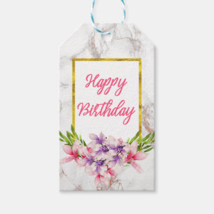 Watercolor Magnolias on Faux Marble Birthday Gift Tags