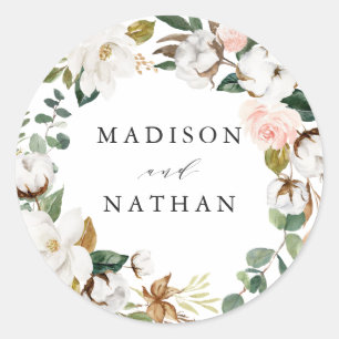 Watercolor Magnolias   Personalised Wedding Classic Round Sticker