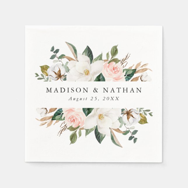 Watercolor Magnolias | Personalized Wedding Napkin (Front)