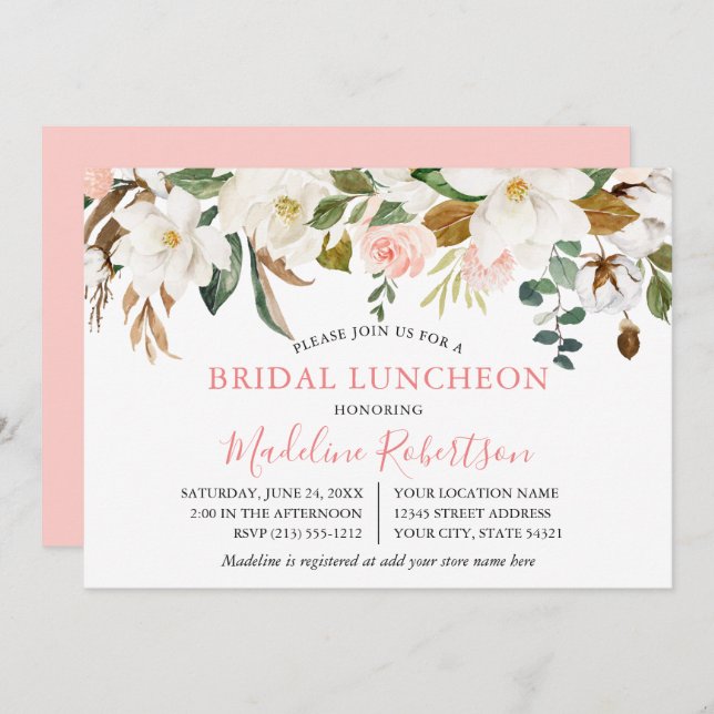 Watercolor Magnolias Pink Roses Bridal Luncheon Invitation (Front/Back)