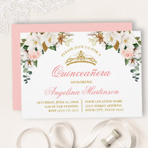 Watercolor Magnolias Pink Roses Quinceanera Invitation