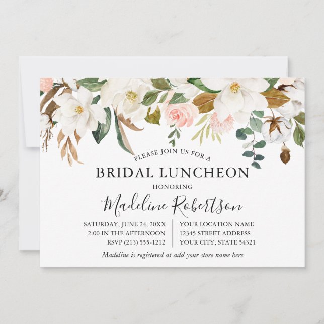 Watercolor Magnolias Roses Bridal Shower Luncheon Invitation (Front)