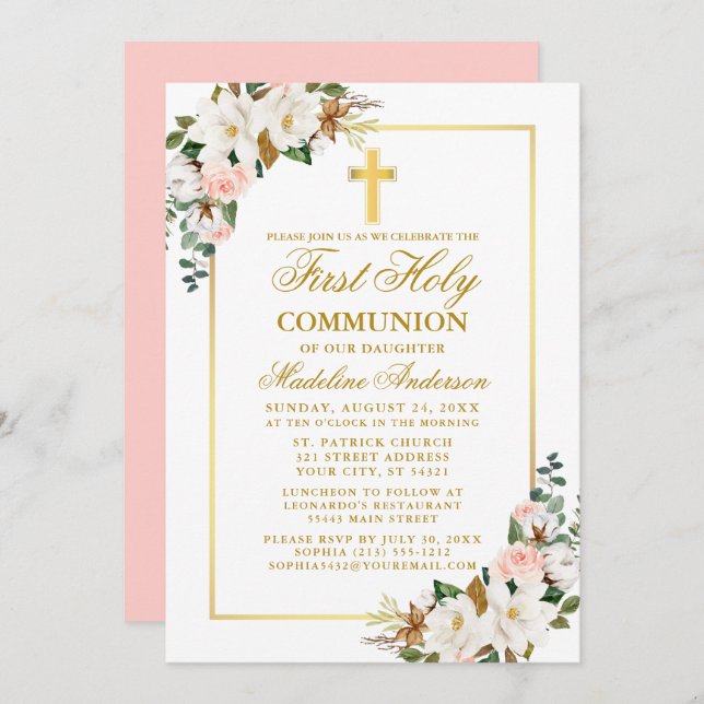 Watercolor Magnolias Roses First Communion Gold  Invitation (Front/Back)