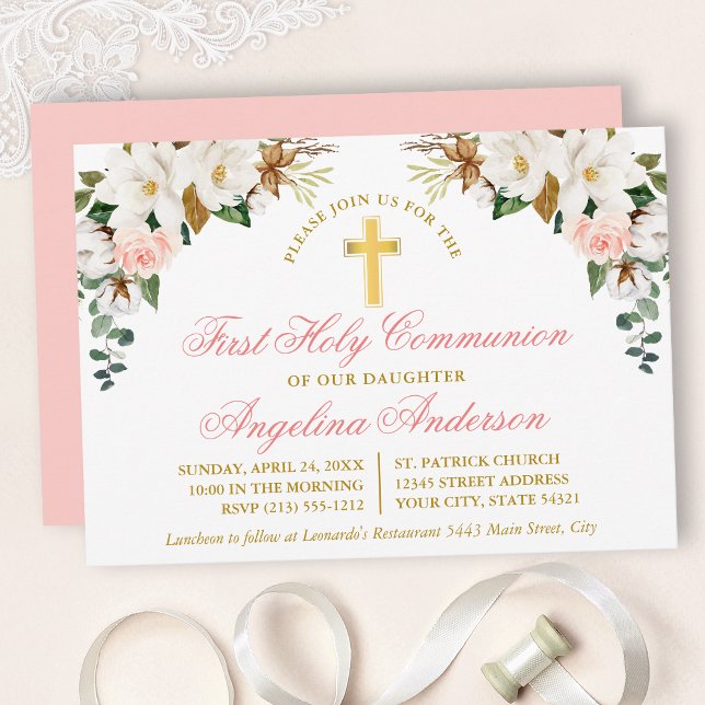 Watercolor Magnolias Roses First Communion Gold Invitation (Customize to change text color, size, style or to change color of back of card.)