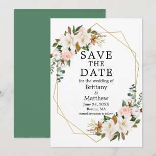 Watercolor Magnolias Roses Gold Geo Frame Green Save The Date