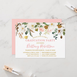 Watercolor Magnolias Roses Gold Graduation Party Invitation