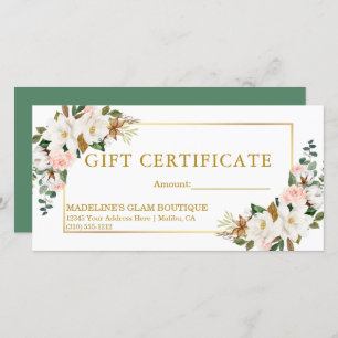 Watercolor Magnolias Roses Green Gift Certificate