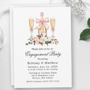 Watercolor Magnolias Roses Pink Bow Engagement Invitation