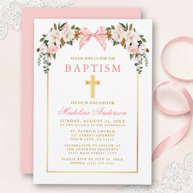 Watercolor Magnolias Roses Pink Bow Gold Baptism Invitation (Customize to change text size, text style or color of back or card.)