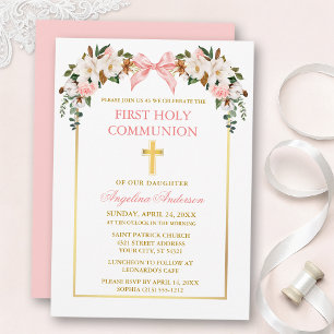 Watercolor Magnolias Roses Pink Bow Gold Communion Invitation