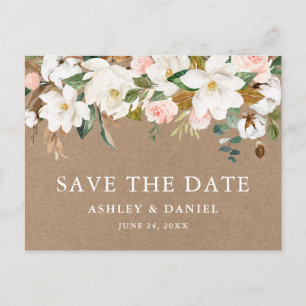 Watercolor Magnolias Roses Save The Date Kraft Postcard