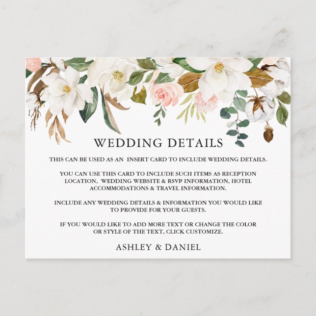 Watercolor Magnolias Roses Wedding Details Card (Front)